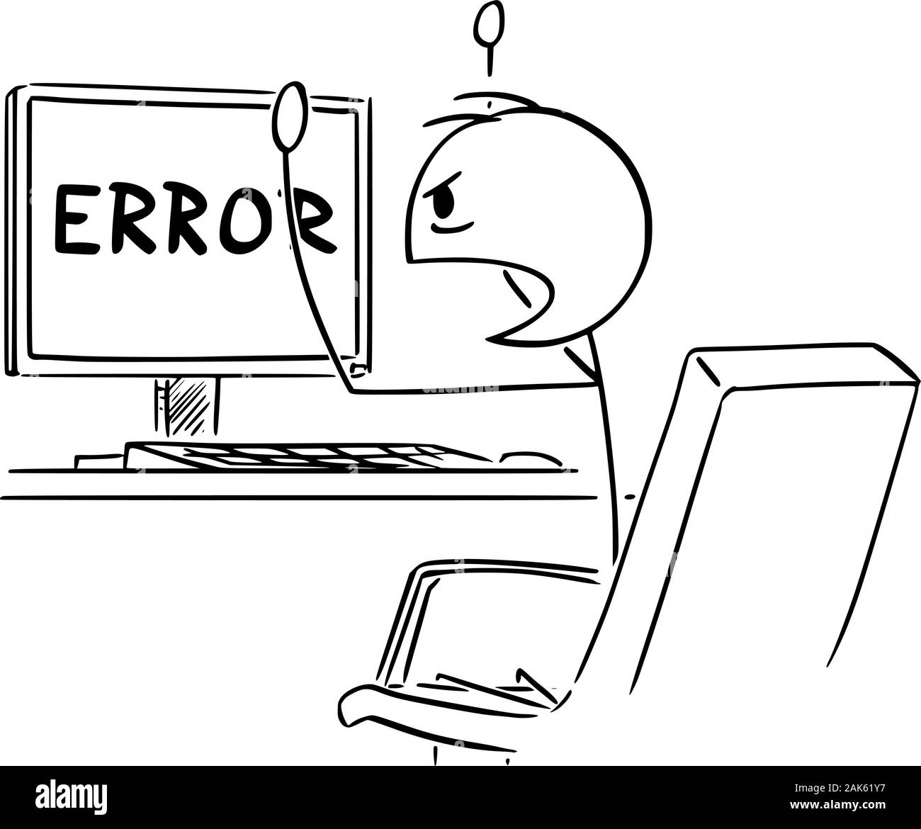 Vector cartoon stick figure drawing conceptual illustration of angry man or businessman working on computer and watching network or program error message on the screen. Stock Vector