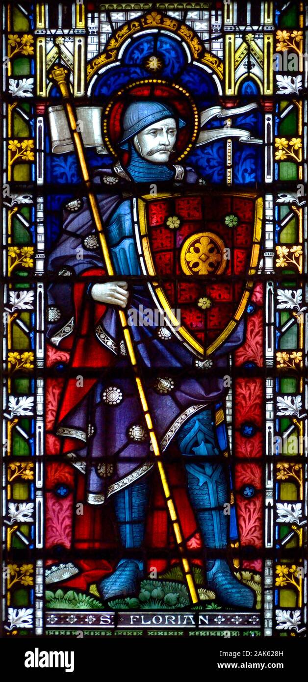 Rochester, Kent, UK. Rochester Cathedral (1080AD: Britain's second oldest - founded AD 604) Stained glass window: St Florian - patron saint of Linz, A Stock Photo
