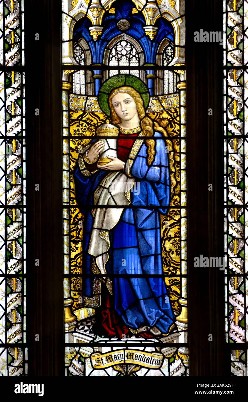 Rochester, Kent, UK. Rochester Cathedral (1080AD: Britain's second oldest - founded AD 604) Stained glass window: Mary Magdalene / the Magdalene / the Stock Photo