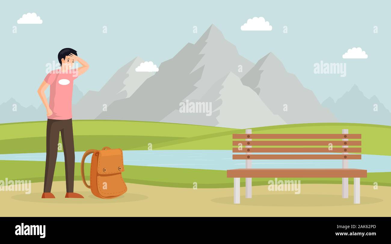 Tired man hiking vector illustration. Male traveller with backpack and mountain landscape with lake on background. Tourist, young guy with sweat on forehead, backpacker, hiker on nature Stock Vector