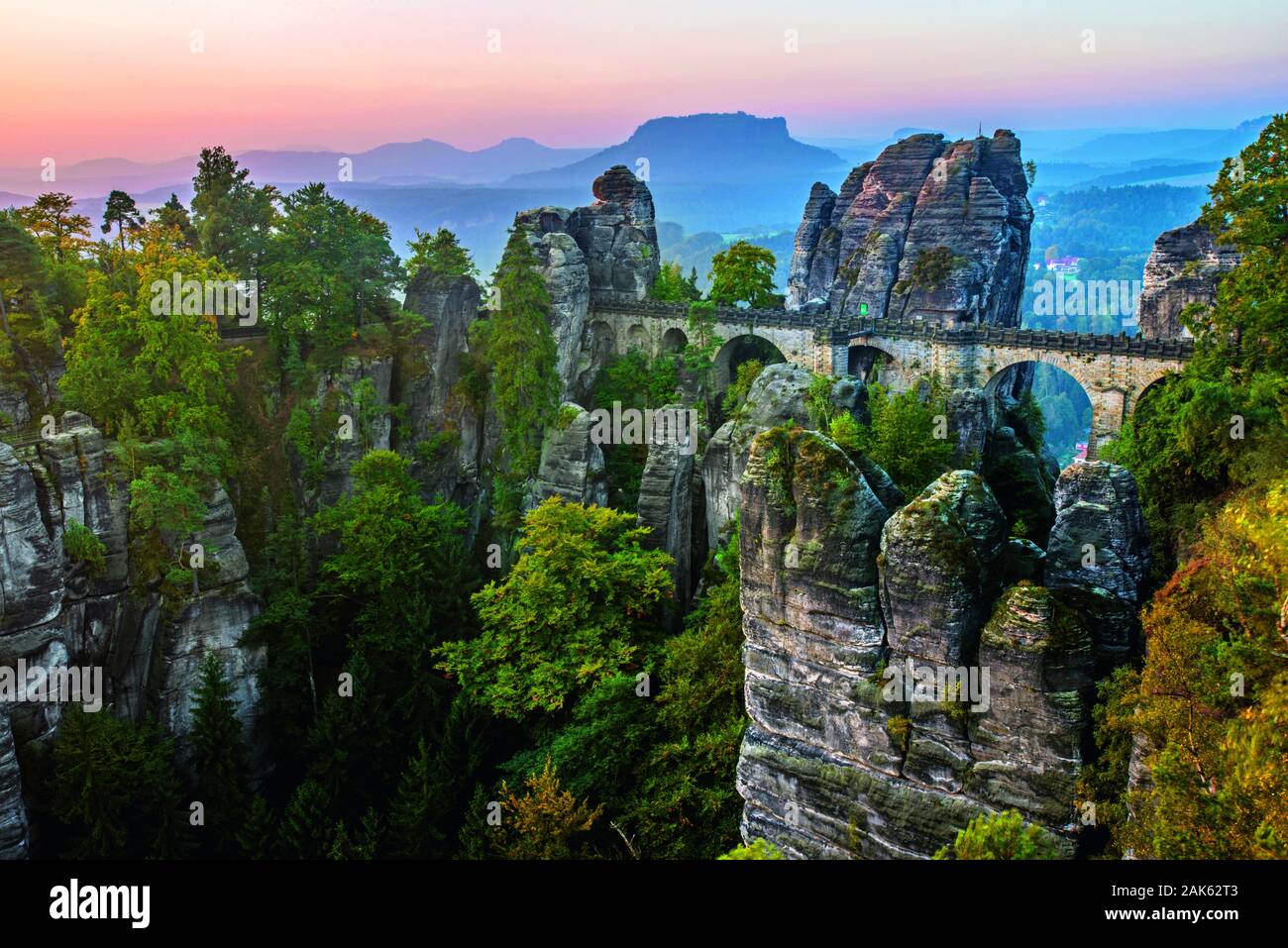 Nationalpark Saechsische Schweiz: Panoramasicht vom Ferdinandstein auf die Bastei mit Basteibruecke bei Rathen, Sachsen | usage worldwide Stock Photo