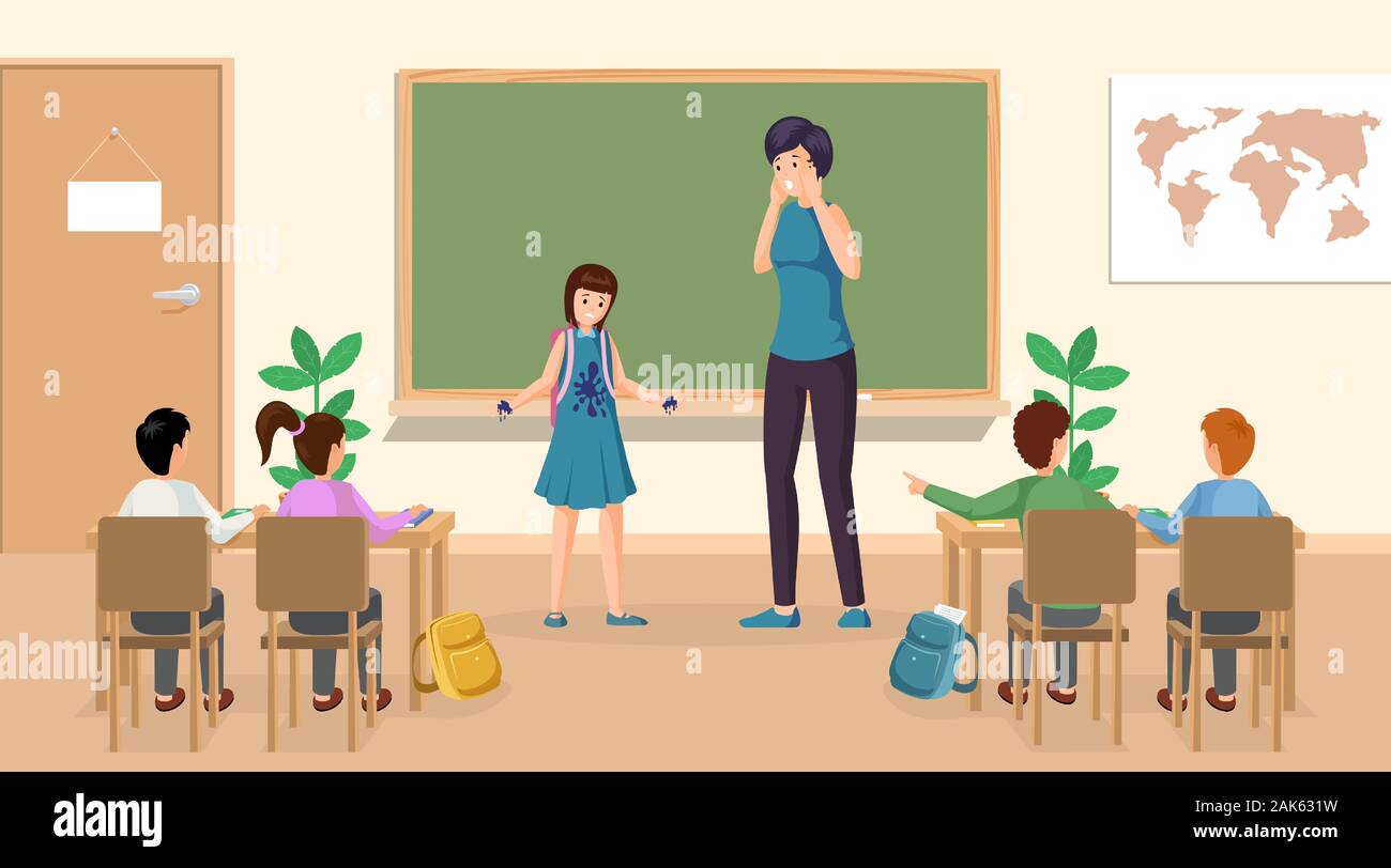 Students at classroom vector illustration. Confused girl with ink stains on clothes at class teacher standing near blackboard. School classroom interior, schoolchildren at lesson characters Stock Vector
