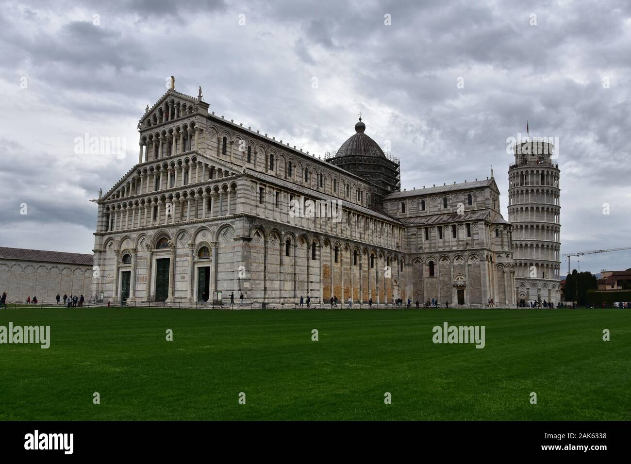 Pisa, Italy - April 11, 2018: Duomo - The Cathedral of Pisa and the Square of Miracles in a rainy day Stock Photo