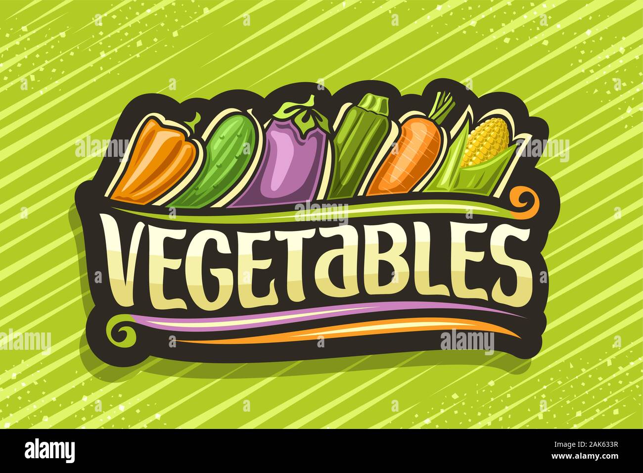 Vector logo for Fresh Vegetables, black sticker with illustration of cartoon raw veggies in a row, decorative signboard with original brush type for w Stock Vector