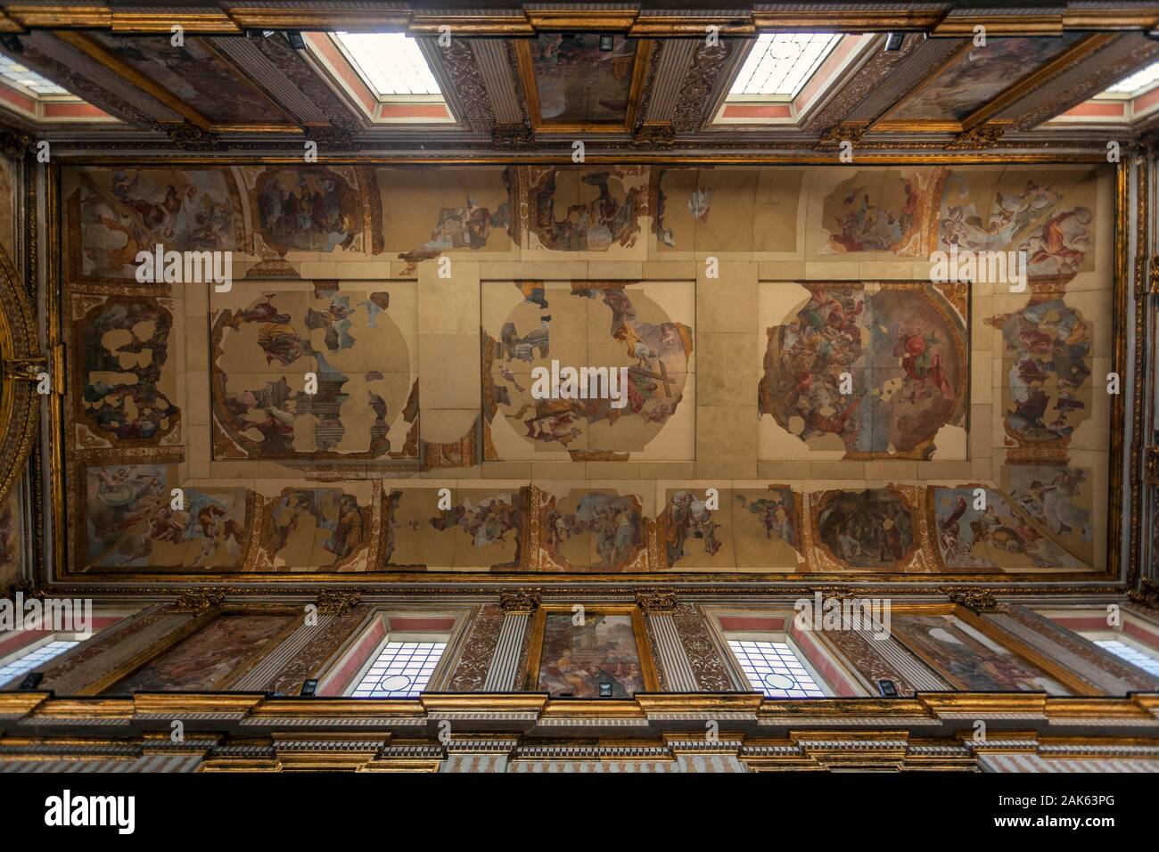 Ceiling with parts of frescoes, church San Paolo Maggiore, Naples, Campania, Italy Stock Photo