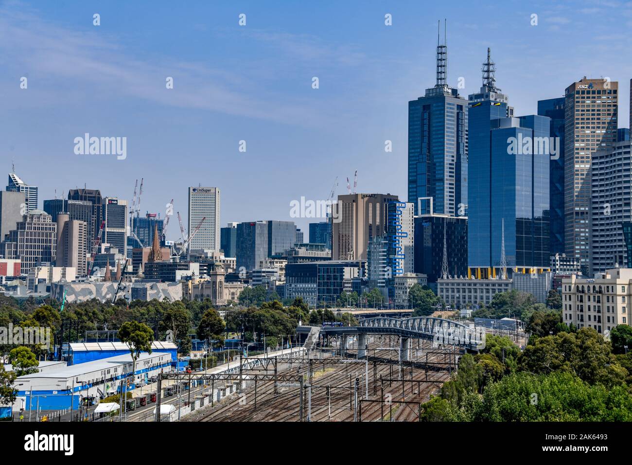 Melbourne cityscape skyline looking from the MCG - Melbourne Cricket Ground across Olympic Park and rail yards Stock Photo