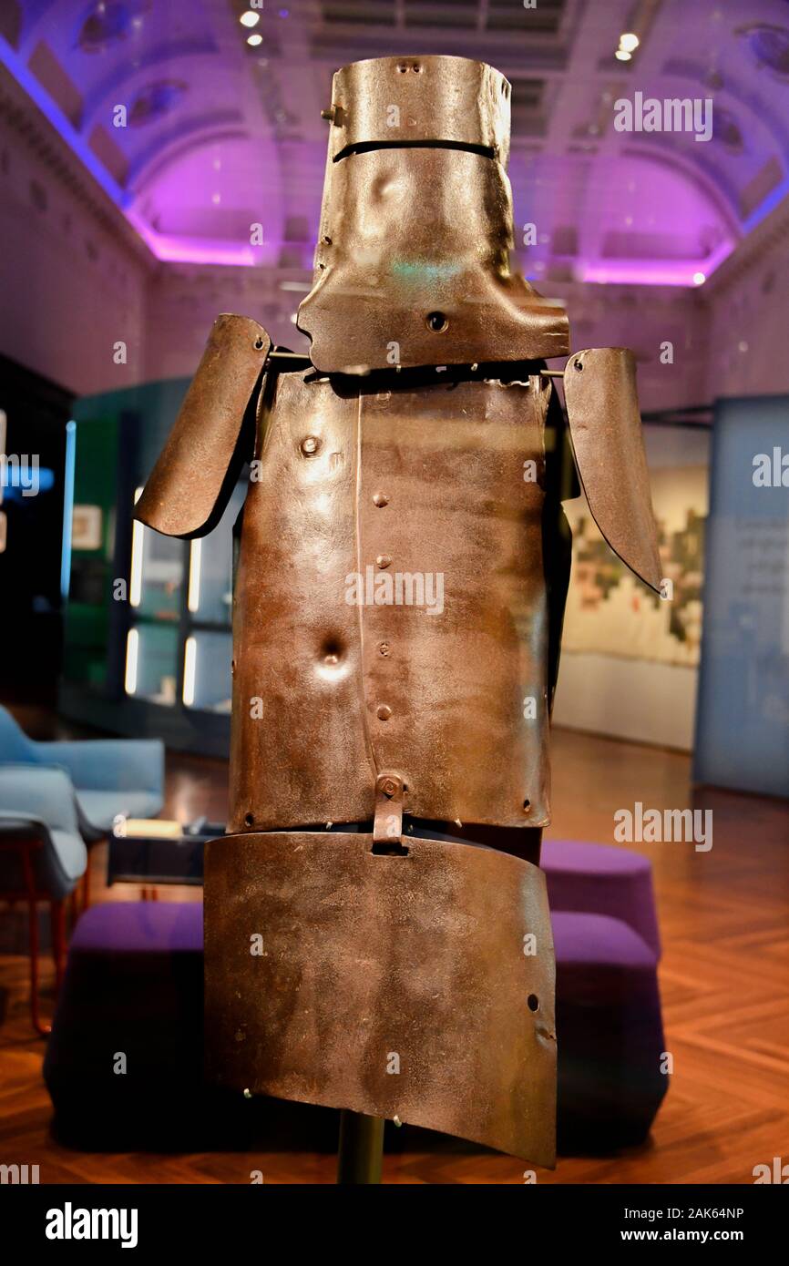 Infamous 19th Century Australian Outlaw Ned Kelly's damaged body amour used in his final stand shoot out, Glenrown, housed at Victorian State Library Stock Photo