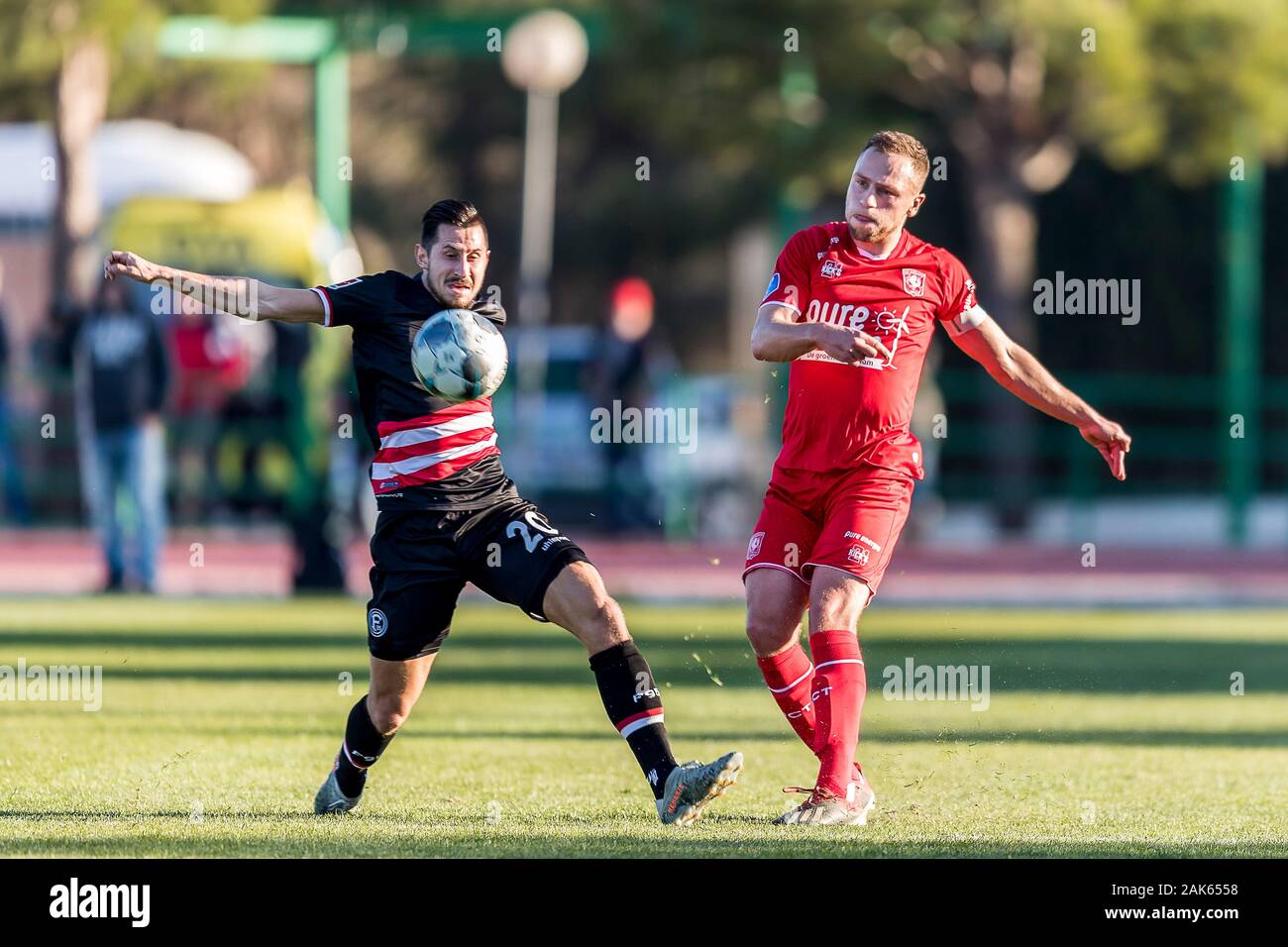 COIN - 07-01-2020. Eredivisie voetbal, season 2019-2020. Stadium Burgos Quintana.  Fortuna Dusseldorf player Steven Skrzybski, FC Twente player Xandro Schenk during the match FC Twente - Fortuna Dusseldorf, friendly. Stock Photo