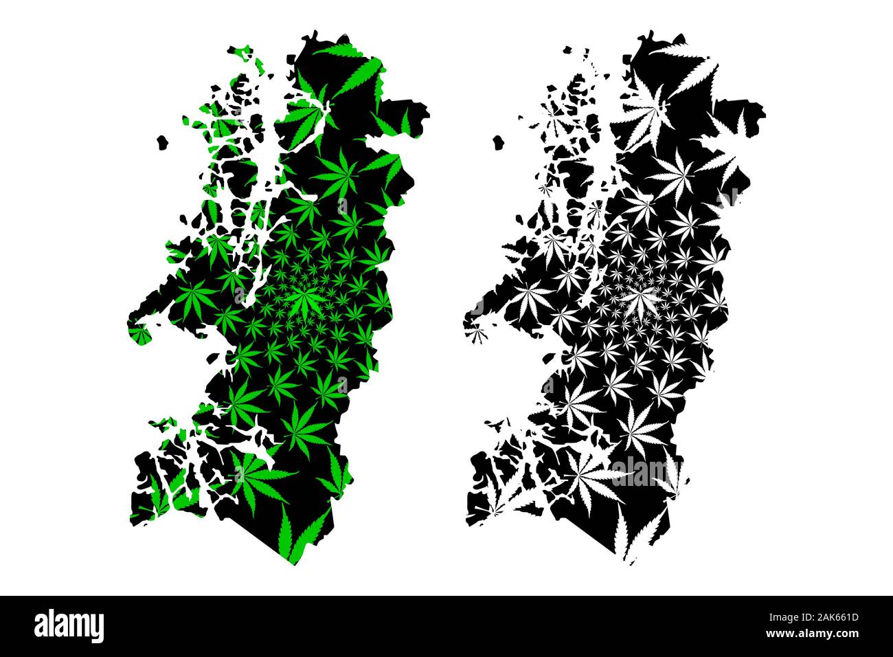 Aysen del General Carlos Ibanez del Campo Region (Republic of Chile) map is designed cannabis leaf green and black, Aysen or Aisen map made of marijua Stock Vector