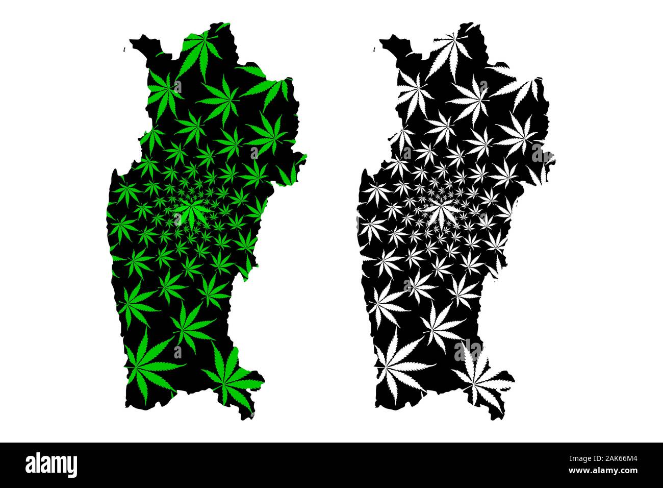 Coquimbo Region (Republic of Chile, Administrative divisions of Chile) map is designed cannabis leaf green and black, Coquimbo map made of marijuana ( Stock Vector