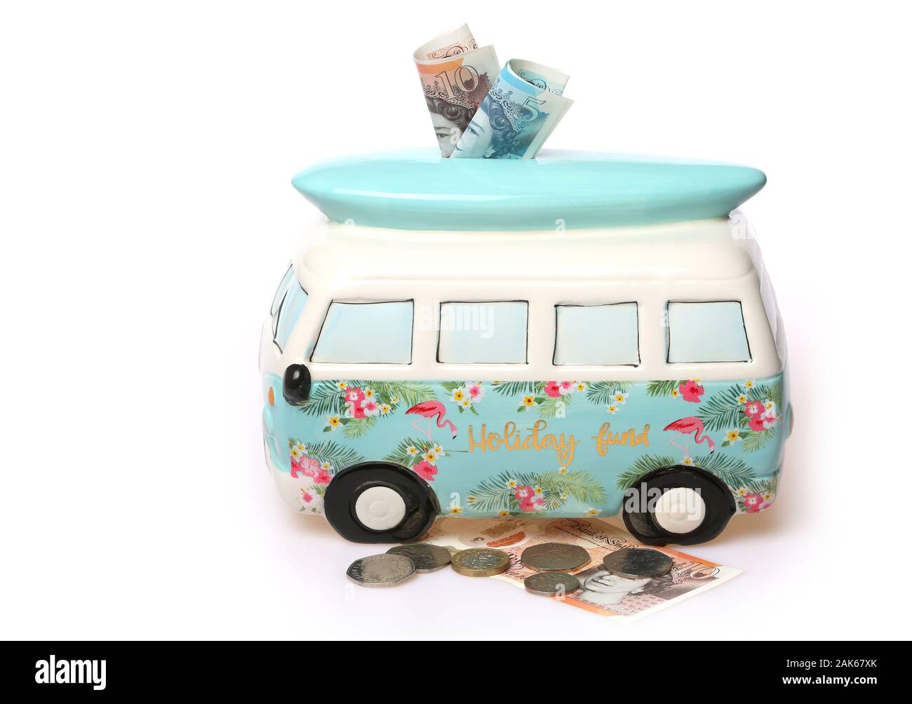 Campervan Holiday Fund money box, saving for a holiday concept image. Stock Photo