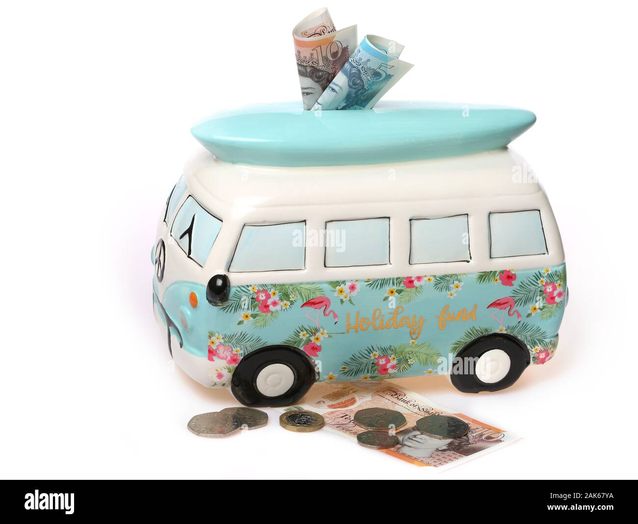 Campervan Holiday Fund money box, saving for a holiday concept image. Stock Photo