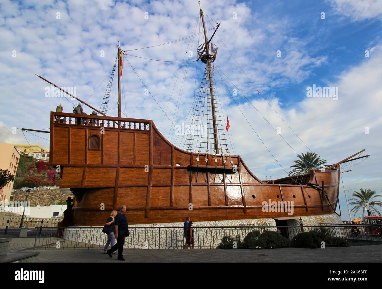 A replica of Christopher Columbus's ship Santa Maria, that houses the Barco de la Virgen naval museum in  Santa Cruz, La Palma, Canary Islands. Stock Photo