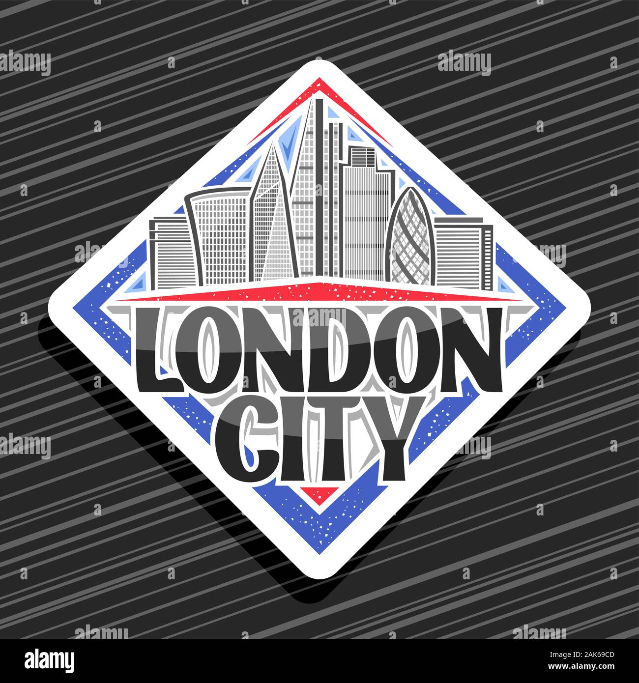 Vector logo for London City, white rhombus label with art draw of cartoon office skyscrapers in capital of United Kingdom, badge with original script Stock Vector