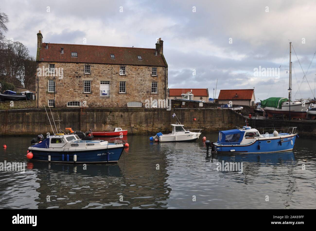 Boats in Dysart Harbour, Kirkcaldy, Fife, Scotland with the 19th