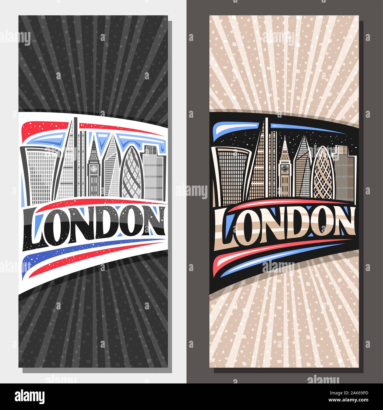 Vector layouts for London, decorative tourist brochure with art draw of cartoon office skyscrapers in capital of United Kingdom, invitation with origi Stock Vector