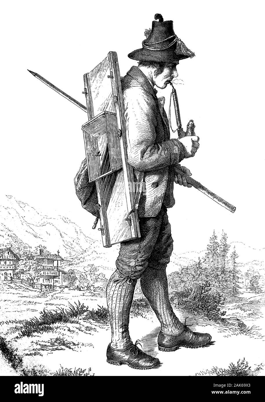 Cabbage cutter in the Montafone area, Austria, Woodcut from 1864 Stock Photo