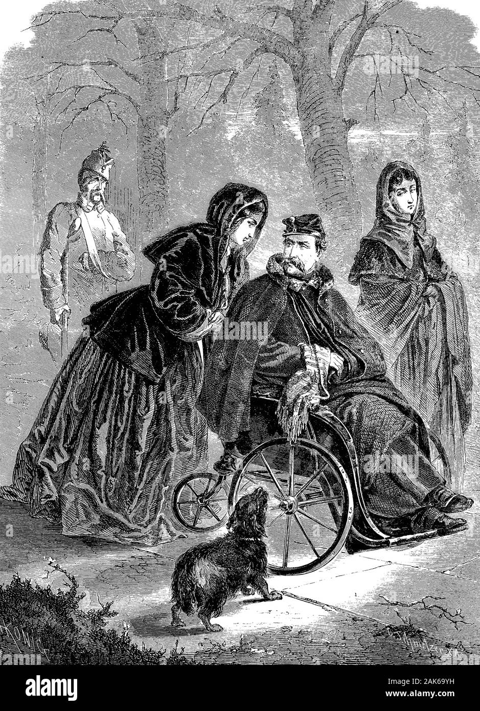 Old soldier in the soldier's home in Deversee, woodcut from 1864 Stock Photo