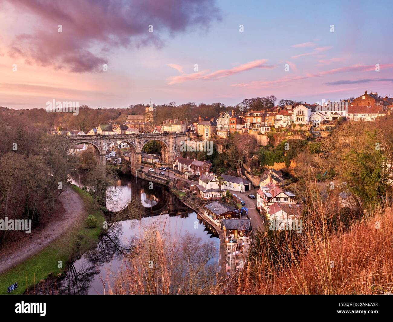 Railway Viaduct over the River Nidd at dusk from the Castle Grounds in Knaresborough North Yorkshire England Stock Photo