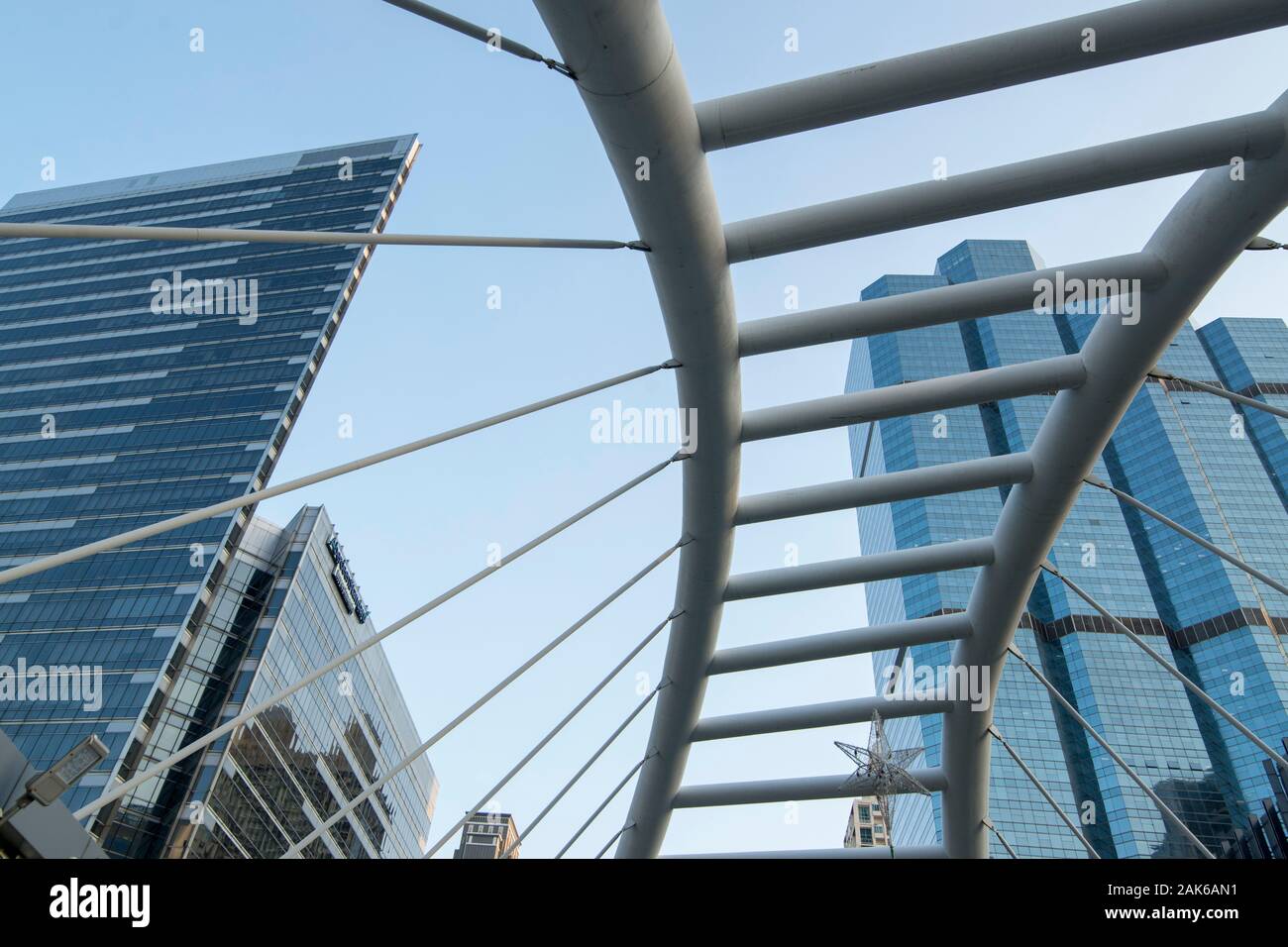 a skywalk circle at the skytrain station of BTS in Silom in the city of Bangkok in Thailand in Southest Asia.  Thailand, Bangkok, November, 2019 Stock Photo