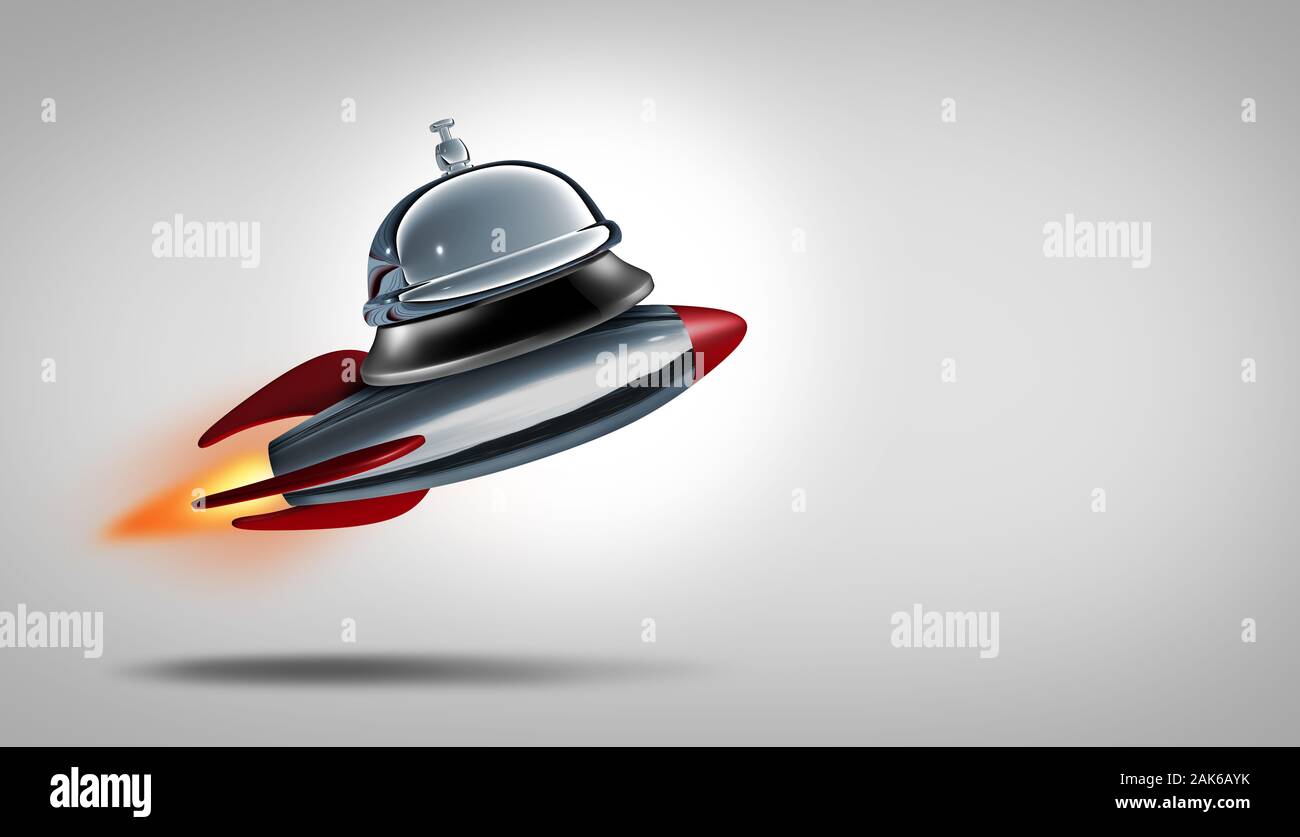 Fast service and speedy services concept with a hospitality bell flying in the air with a rocket blast as a symbol of fast consumer. Stock Photo