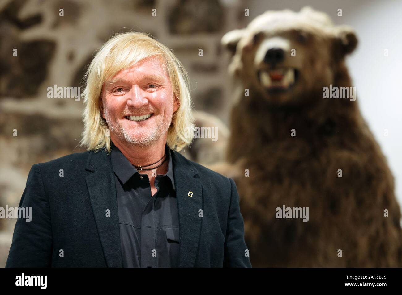 07 January Thuringia Gotha Andreas Kieling Nature Photographer And Animal Filmmaker Stands Next To A Specimen Of A Grizzly Bear At The Opening Of His Exhibition With The Grizzlies Through Alaska