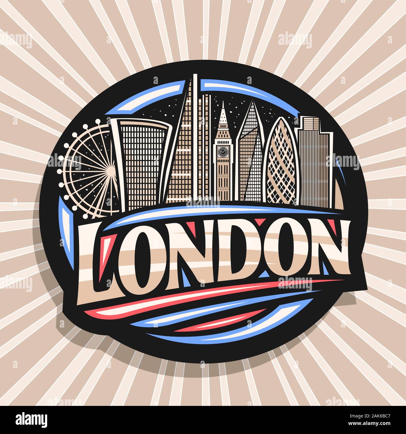 Vector logo for London, black decorative sticker with art draw of cartoon office skyscrapers in capital of United Kingdom, design badge with original Stock Vector