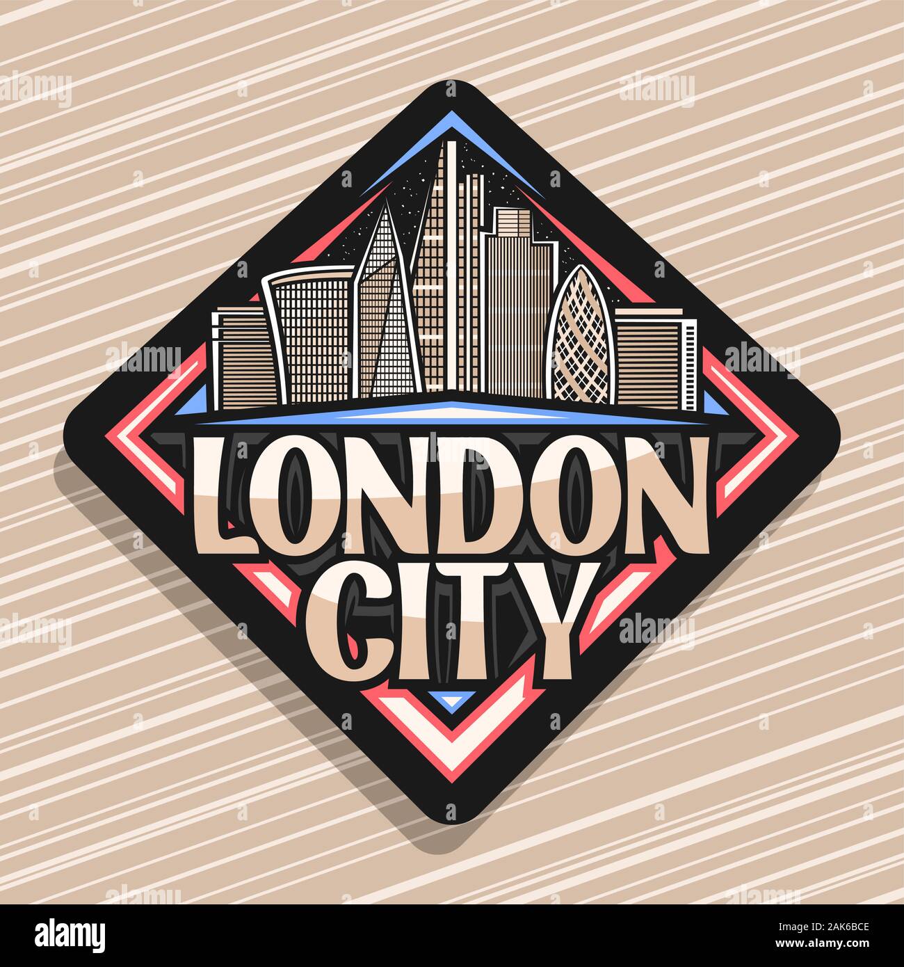 Vector logo for London City, black decorative tag with art draw of cartoon office skyscrapers in capital of United Kingdom, badge with original typefa Stock Vector