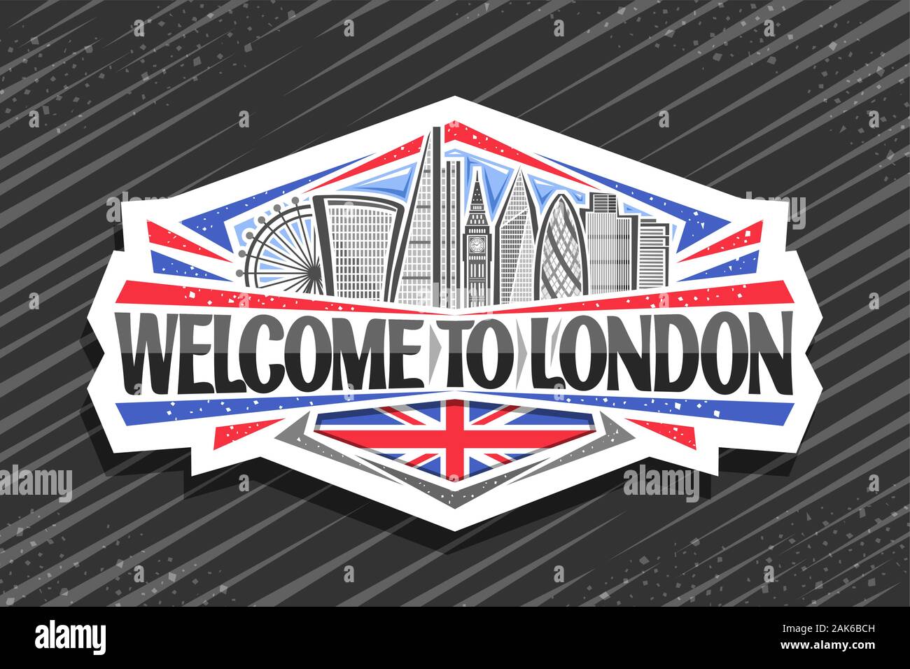 Vector logo for London, white decorative sticker with art draw of cartoon office skyscrapers in capital of United Kingdom, badge with original script Stock Vector
