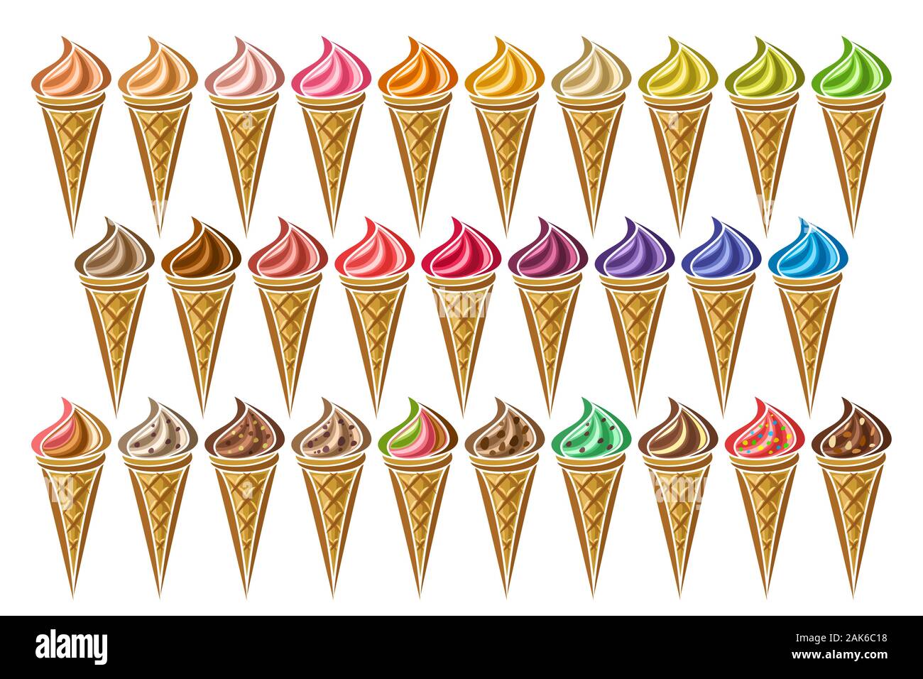 Vector set of Ice Creams Cones, 29 cut out illustration of delicious icecreams on white background, collection of tasty frozen ice creams in waffle co Stock Vector