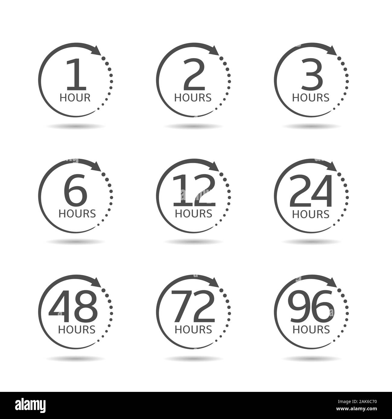 Hours clock arrow icons. Timetable timer countdown icons Stock Vector