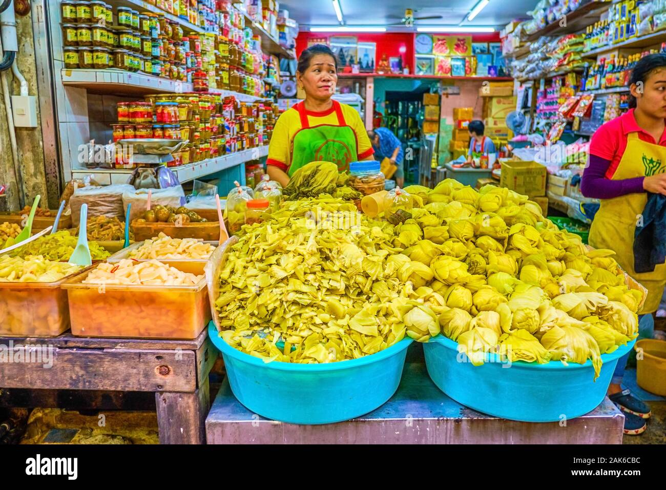 BANGKOK, THAILAND - APRIL 15, 2019: The stall, specialising on pickled vegetables in Sampheng market in Chinatown, on April 15 in Bangkok Stock Photo