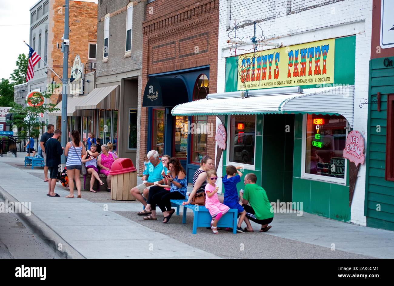 Main street in a small town showing a popular ice cream shop "Granny's