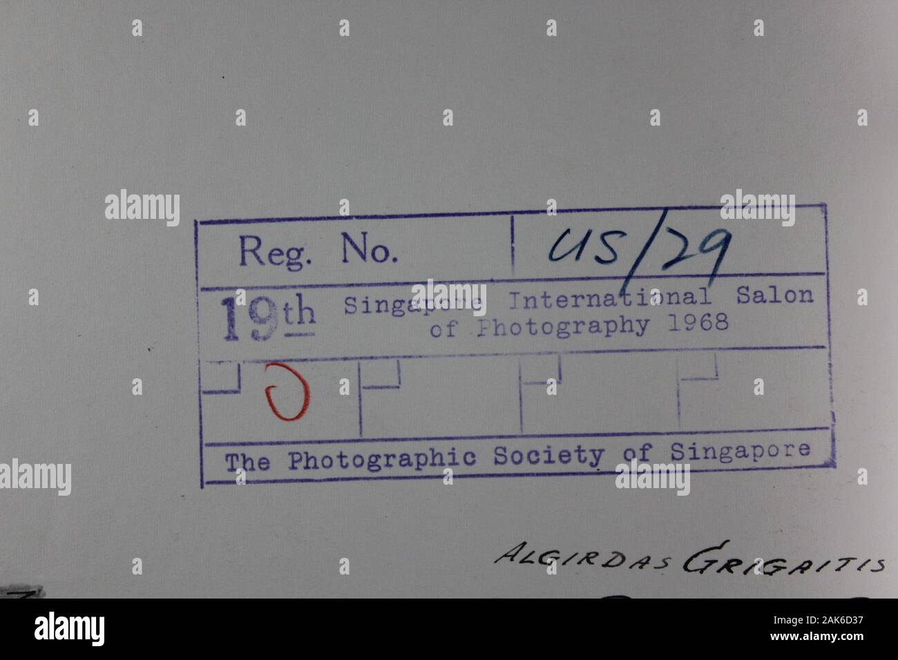 Fine seventies black and white vintage rubber stamp registration form