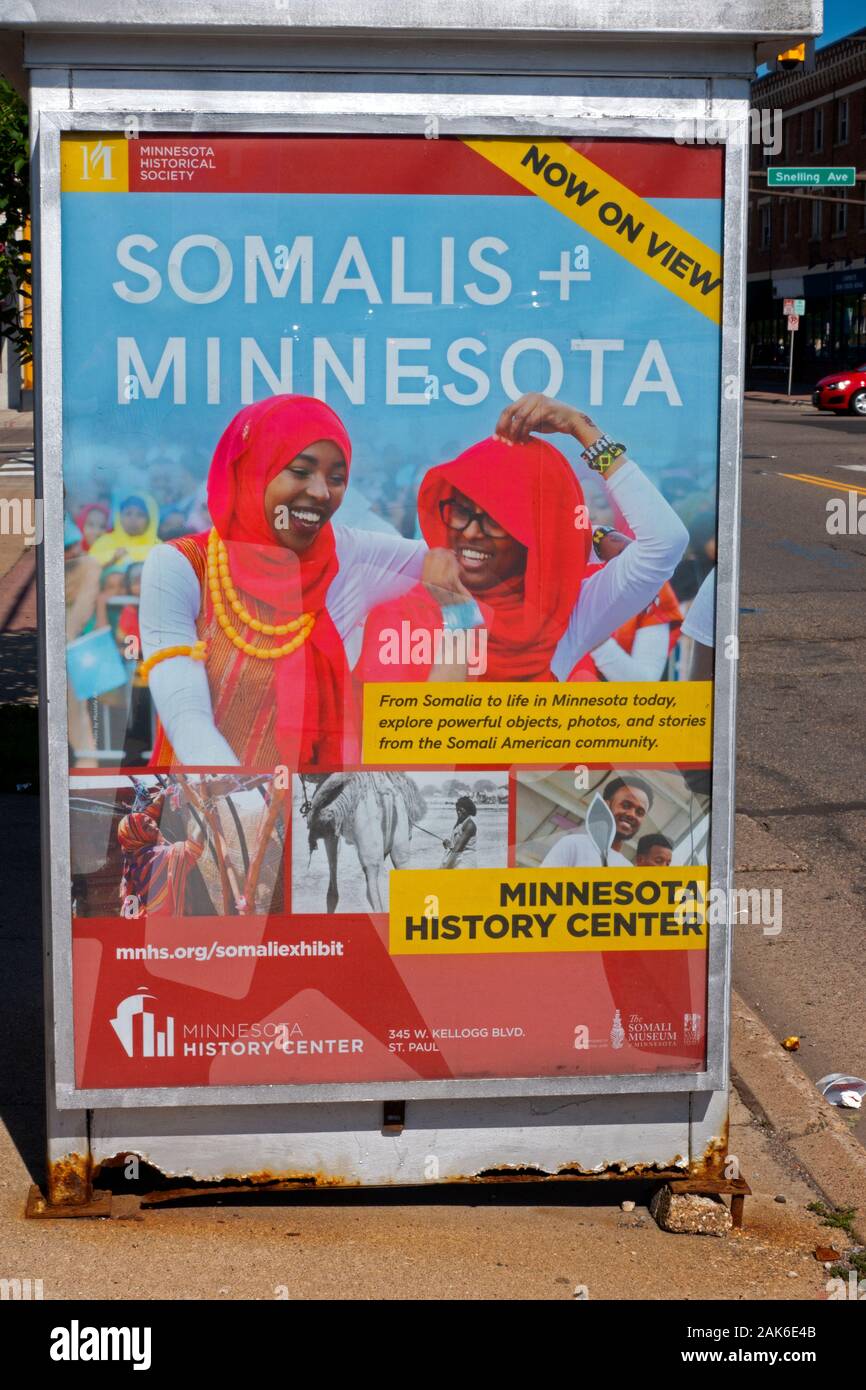 Signage on bus station stop promoting Somalis in Minnesota exhibit at the Minnesota History Center. St Paul Minnesota MN USA Stock Photo