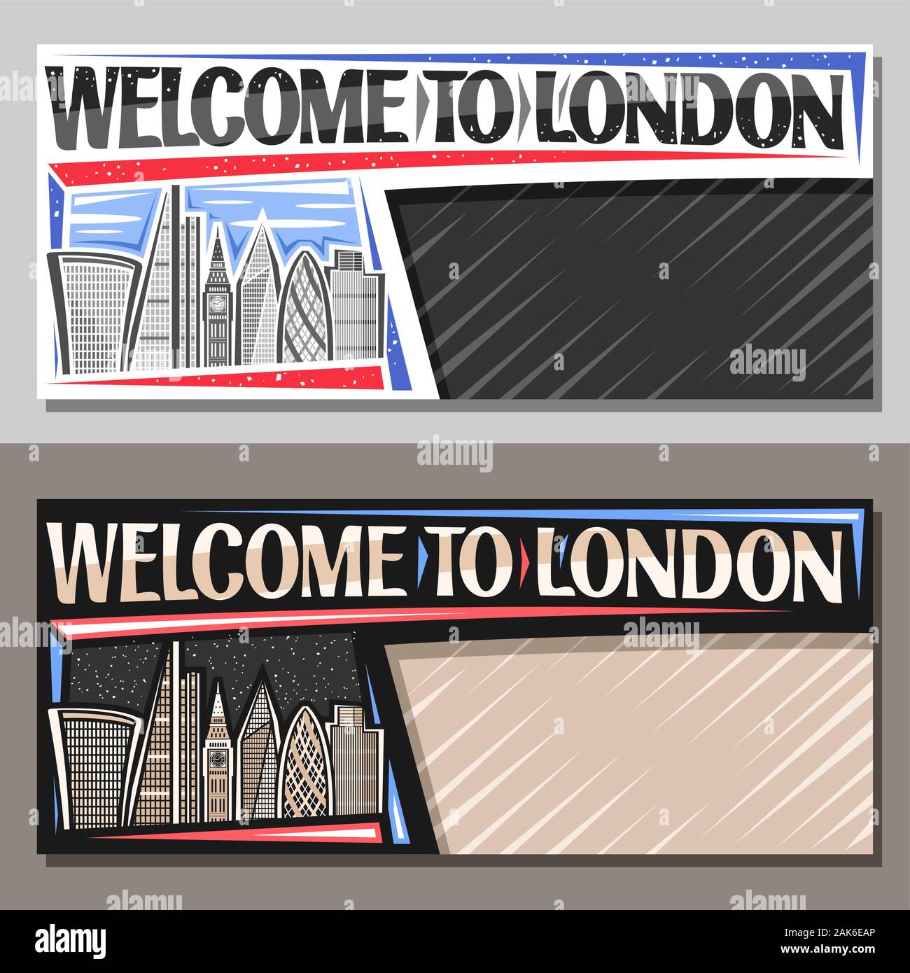 Vector layouts for London with copy space, decorative flyer with art draw of cartoon office skyscrapers in capital of United Kingdom, original script Stock Vector