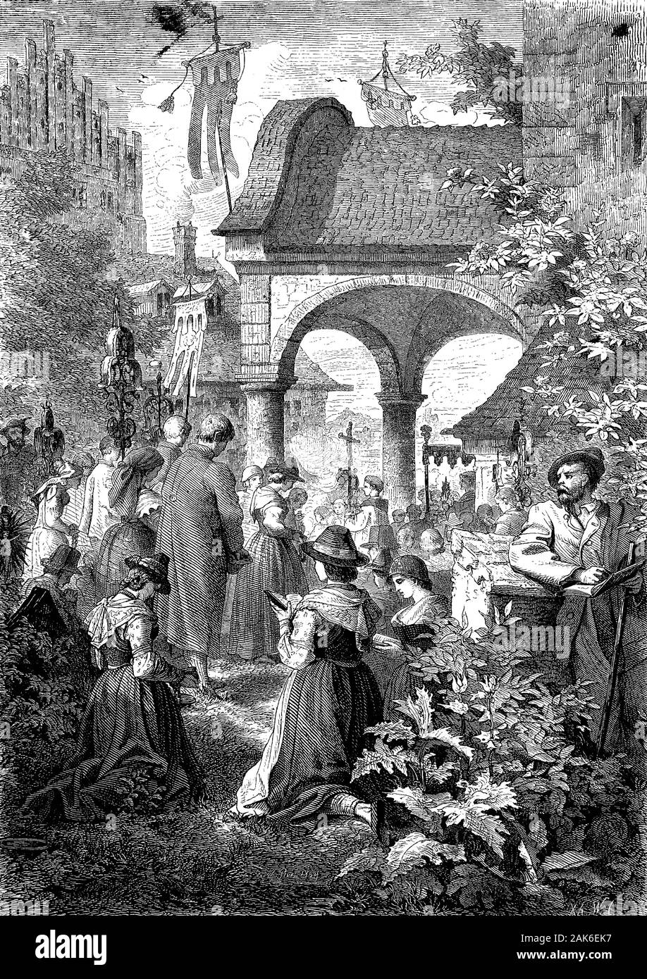 Corpus Christi procession in Brannenburg, Bavaria, Germany, woodcut from 1864 Stock Photo