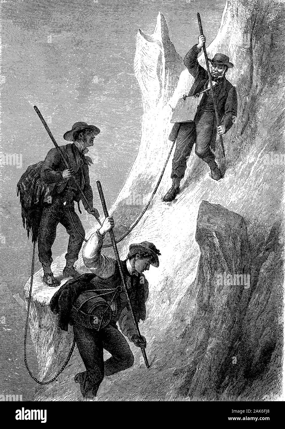 Climbers on the Firndach Ackerlspitze, Kaisergebrige, Austria, woodcut from 1864 Stock Photo