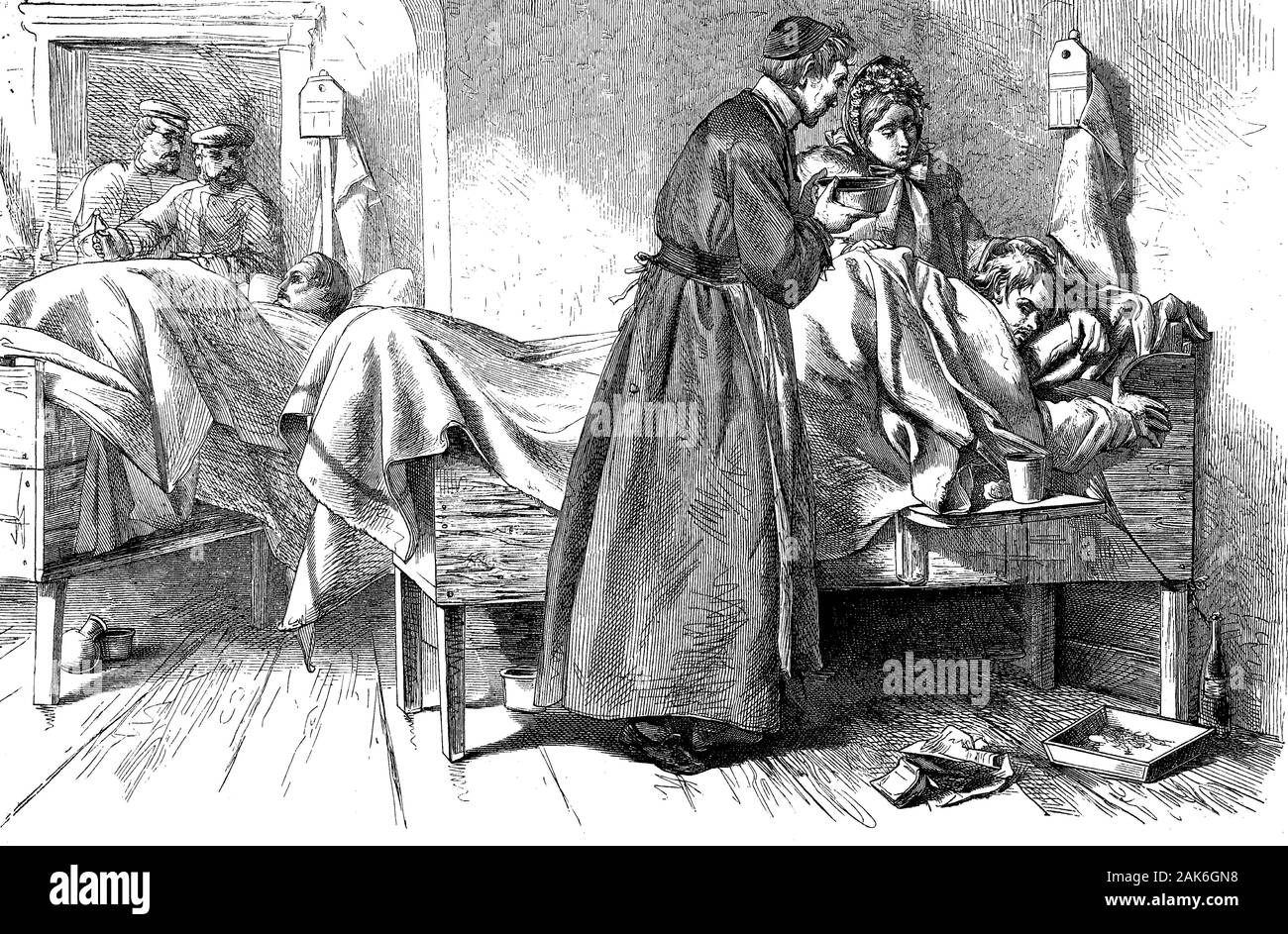 In the Prussian main hospital in Flensburg, Germany, woodcut from 1864 Stock Photo