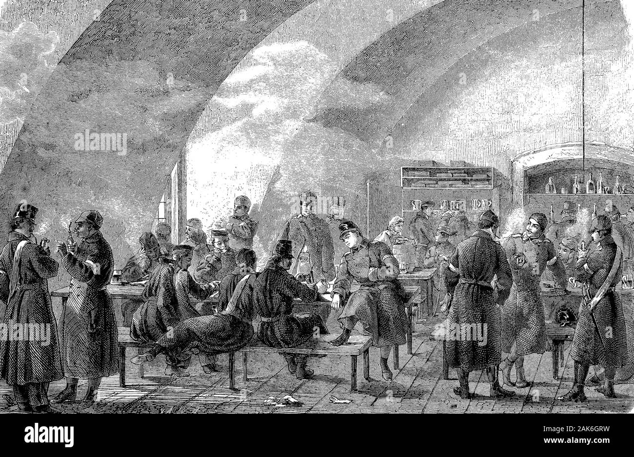 Austrian military tavern in the basement of the castle Gottorp, woodcut from 1864 Stock Photo