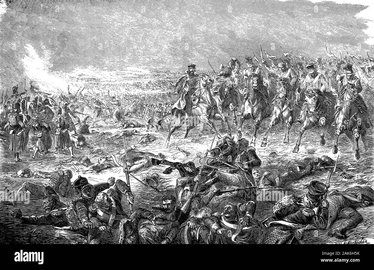 Zieten defeated the French victory at the Belle Alliance, La Haye Sainte, between Charleroi and Brussels, woodcut from 1864 Stock Photo