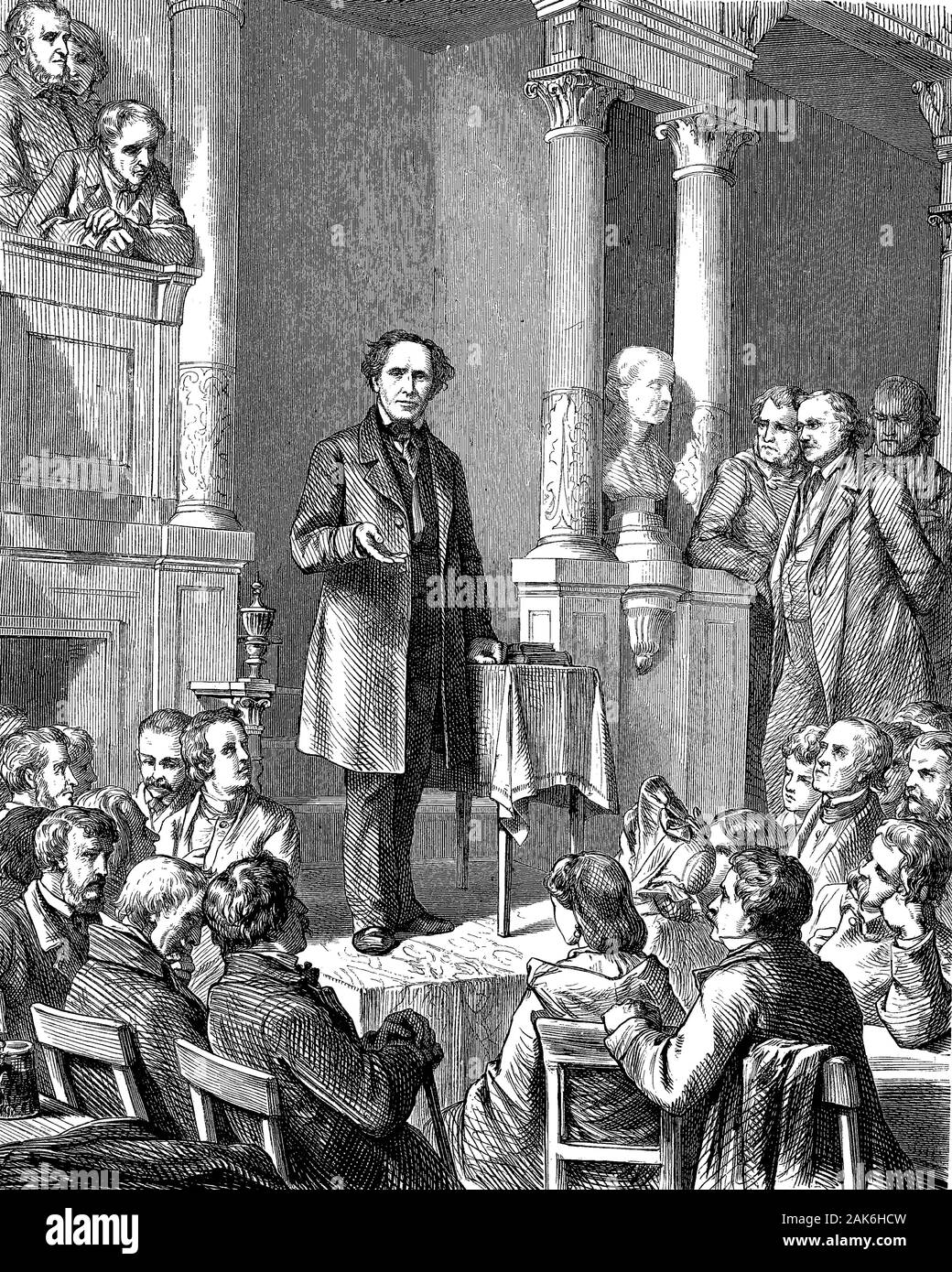 Ludwig Würkert before his congregation. Friedrich Ludwig Würkert, 1800 - 1876, was a Protestant pastor, writer and revolutionary, woodcut from 1864 Stock Photo