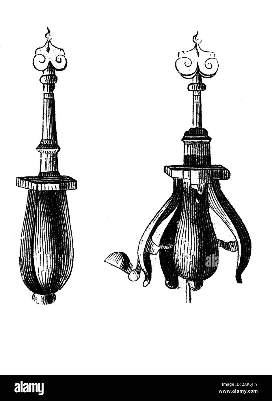 The choke pear (or pear of anguish) is the modern name for a type of instrument displayed in some museums, consisting of a metal body (usually pear-shaped) divided into spoon-like segments that could be spread apart by turning a screw. The museum descriptions and some recent sources assert that the devices were used either as a gag, to prevent people from speaking, or as an instrument of torture. The instrument was inserted into the victim's mouth, and then slowly spread apart as the screw was turned., Holzschnitt aus dem Jahre 1864 Stock Photo