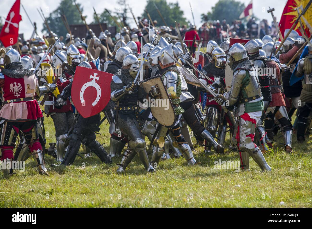 Grunwald (Gruenfelde): Grunwald-Tage, Nachstellung der Schlacht bei Tannenberg (auch Schlacht von Grunwald) von 1410 mit Truppenlager, Vorfuehrungen u Stock Photo