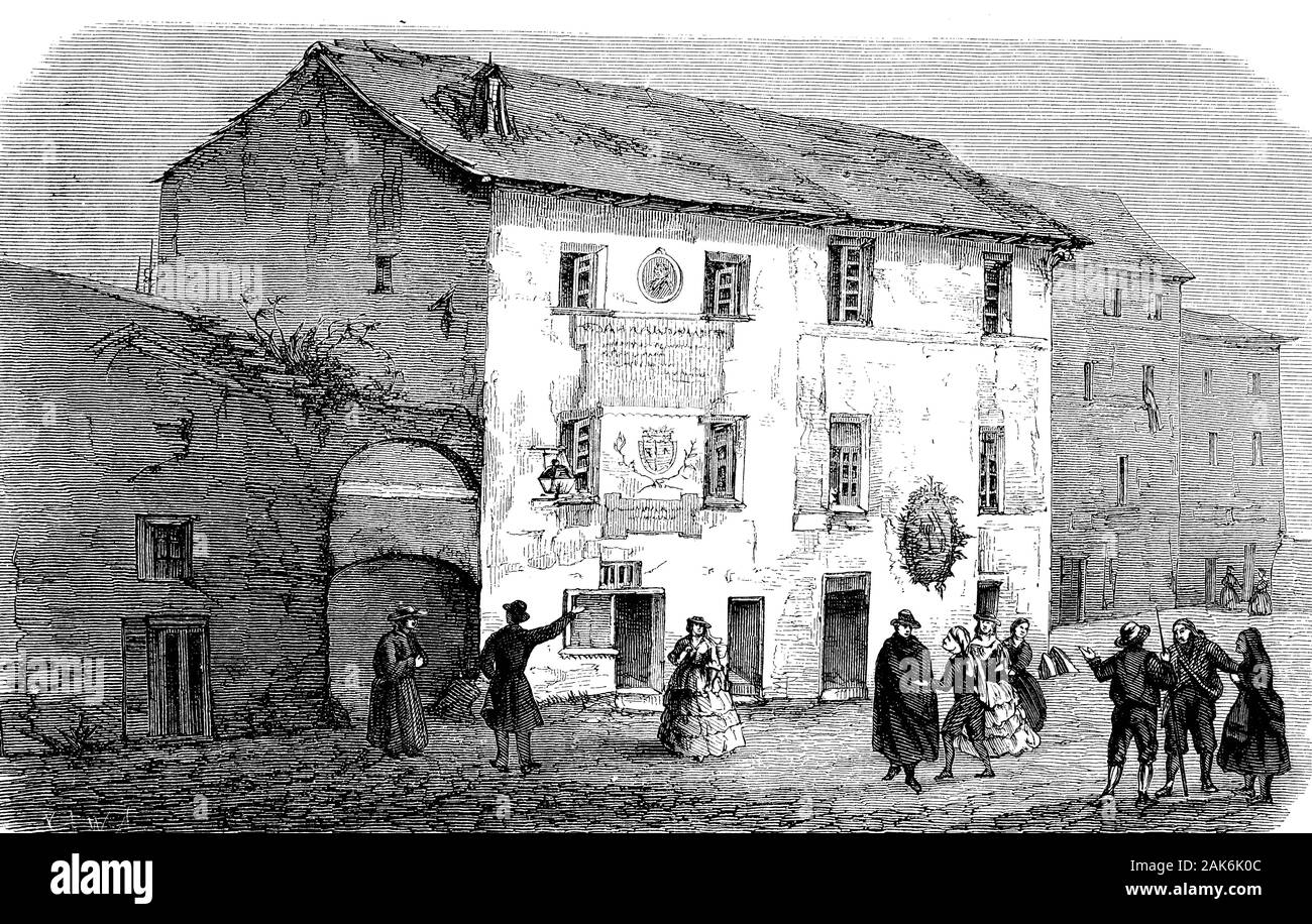The birthplace of Christopher Columbus in Cogoletto, Genoa, Italy, woodcut from 1864 Stock Photo