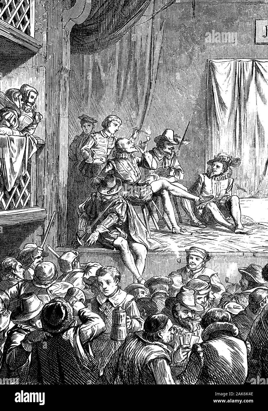 The stage in Shakespeare's time, woodcut from 1864 Stock Photo