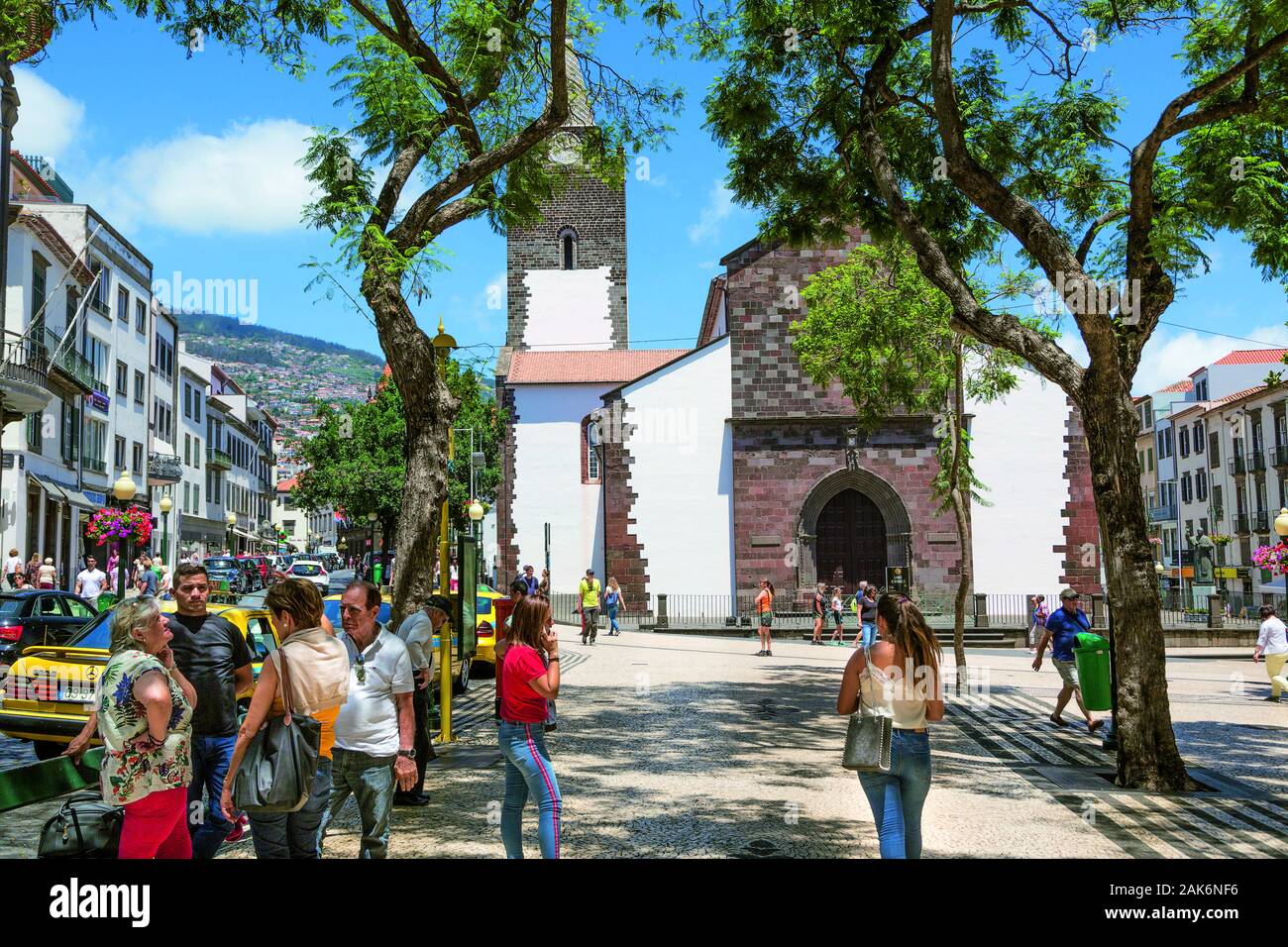 Funchal: Flaniermeile Avenida Arriaga mit Jacaranda Baeumen und der Kathedrale (Sé Catedral de Nossa Senhora da Assuncao), Madeira | usage worldwide Stock Photo