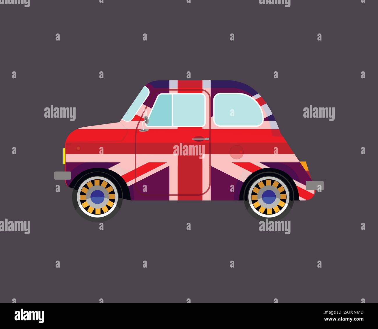 Old car in the colors of the flag of Great Britain. Vector illustration on a gray background. Stock Vector