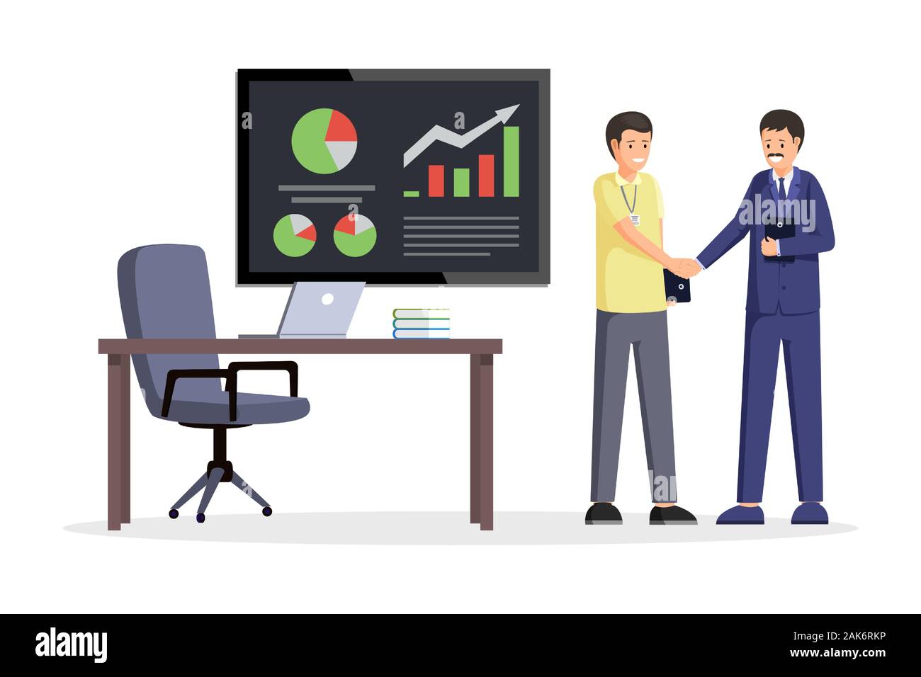 Business partners shaking hands vector illustration. Office interior with desk, laptop and board with charts. Business strategy negotiations, agreement, businessmen successful partnership concept Stock Vector