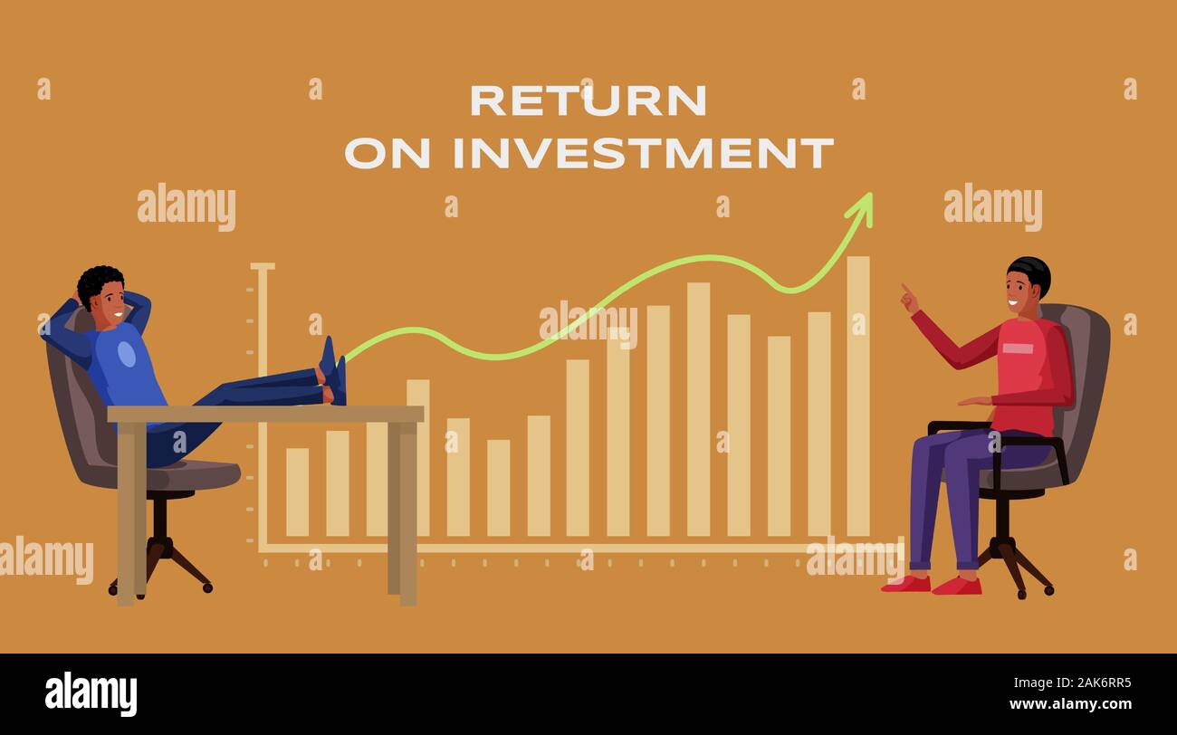 Return on investment poster layout vector illustration. African american businessmen international cooperation. Profit and income, economy and finance, strategy and financial success, ROI Stock Vector
